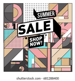Summer sale geometric style web banner. Fashion and travel discount. Vector holiday Abstract colorful illustration with special offers and promotion.