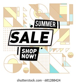 Summer sale geometric style web banner. Fashion and travel discount. Vector holiday Abstract colorful illustration with special offers and promotion.