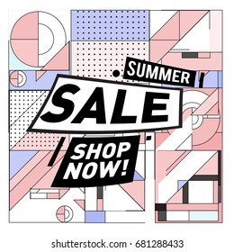 Summer sale geometric style web banner. Fashion and travel discount. Vector holiday Abstract colorful illustration with special offers and promotion.