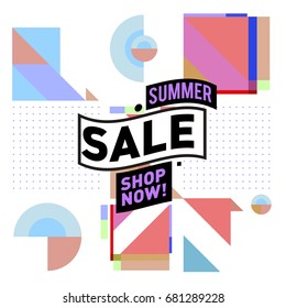 Summer sale geometric style web banner. Fashion and travel discount. Vector holiday Abstract colorful illustration with special offers and promotion.