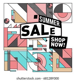 Summer sale geometric style web banner. Fashion and travel discount. Vector holiday Abstract colorful illustration with special offers and promotion.