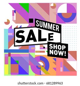 Summer sale geometric style web banner. Fashion and travel discount. Vector holiday Abstract colorful illustration with special offers and promotion.