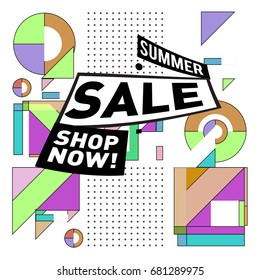 Summer sale geometric style web banner. Fashion and travel discount. Vector holiday Abstract colorful illustration with special offers and promotion.