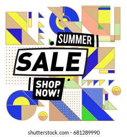 Summer sale geometric style web banner. Fashion and travel discount. Vector holiday Abstract colorful illustration with special offers and promotion.