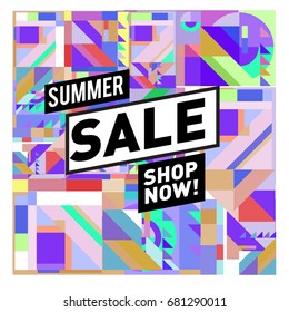Summer sale geometric style web banner. Fashion and travel discount. Vector holiday Abstract colorful illustration with special offers and promotion.