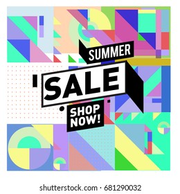 Summer sale geometric style web banner. Fashion and travel discount. Vector holiday Abstract colorful illustration with special offers and promotion.