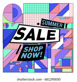 Summer sale geometric style web banner. Fashion and travel discount. Vector holiday Abstract colorful illustration with special offers and promotion.