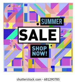 Summer sale geometric style web banner. Fashion and travel discount. Vector holiday Abstract colorful illustration with special offers and promotion.