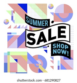 Summer sale geometric style web banner. Fashion and travel discount. Vector holiday Abstract colorful illustration with special offers and promotion.