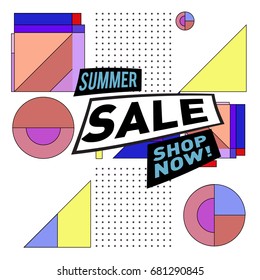 Summer sale geometric style web banner. Fashion and travel discount. Vector holiday Abstract colorful illustration with special offers and promotion.
