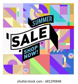 Summer sale geometric style web banner. Fashion and travel discount. Vector holiday Abstract colorful illustration with special offers and promotion.