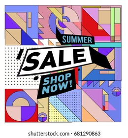 Summer sale geometric style web banner. Fashion and travel discount. Vector holiday Abstract colorful illustration with special offers and promotion.