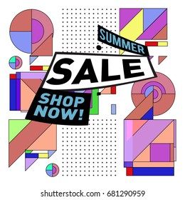 Summer sale geometric style web banner. Fashion and travel discount. Vector holiday Abstract colorful illustration with special offers and promotion.
