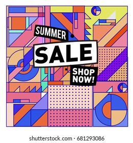 Summer sale geometric style web banner. Fashion and travel discount. Vector holiday Abstract colorful illustration with special offers and promotion.