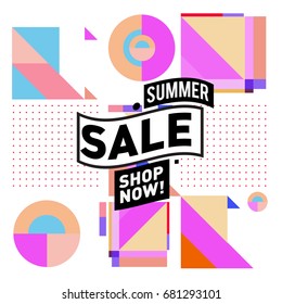 Summer sale geometric style web banner. Fashion and travel discount. Vector holiday Abstract colorful illustration with special offers and promotion.