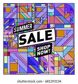 Summer sale geometric style web banner. Fashion and travel discount. Vector holiday Abstract colorful illustration with special offers and promotion.