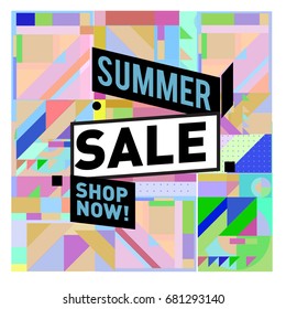 Summer sale geometric style web banner. Fashion and travel discount. Vector holiday Abstract colorful illustration with special offers and promotion.