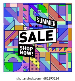 Summer sale geometric style web banner. Fashion and travel discount. Vector holiday Abstract colorful illustration with special offers and promotion.