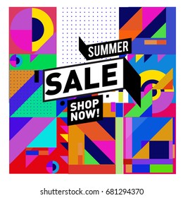 Summer sale geometric style web banner. Fashion and travel discount. Vector holiday Abstract colorful illustration with special offers and promotion.