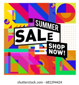 Summer sale geometric style web banner. Fashion and travel discount. Vector holiday Abstract colorful illustration with special offers and promotion.