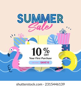 Summer sale gift boxes coupon template vector illustration. Promotion coupon code. summer beach