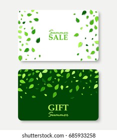 Summer sale and Gift summer card layout templates. Shopping gift certificate vector illustration with scattered green 3d leaves. All isolated and layered