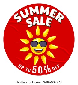 Summer Sale glued paper Sun cartoon in sunglasses, with wrinkles