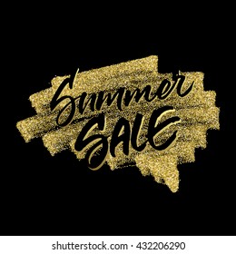 Summer sale golden sparkling background. Handwritten sale inscription on golden glitter speech bubble background.