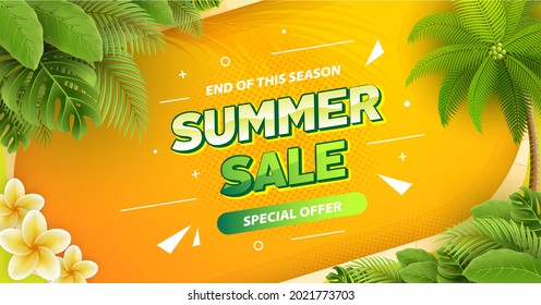 Summer sale gradient banner with tropical leaves