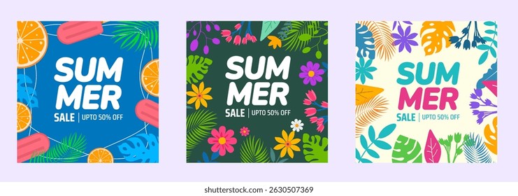 Summer Sale Graphics Collection social media post banner set. Vibrant Flat Design Banners with Tropical Elements and Floral Patterns for Seasonal Promotions. background or banner bundle.