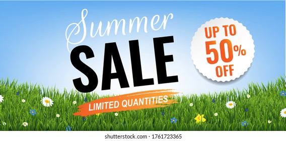 Summer Sale With Grass Border With Gradient Mesh, Vector Illustration