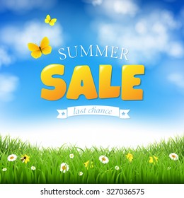 Summer Sale With Grass And Clouds With Gradient Mesh, Vector Illustration