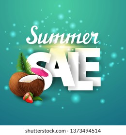 Summer sale, green discount summer banner with strawberry cocktail in coconut