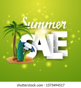 Summer sale, green discount summer banner with palm, coconuts, beach umbrella and surf Board