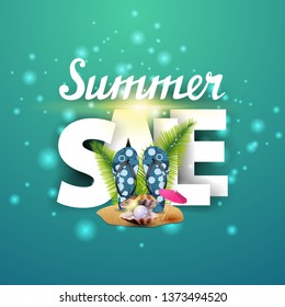 Summer sale, green discount summer banner with flip flops, pearl and palm leaves