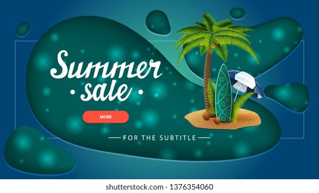 Summer sale, green discount banner with modern design for your website with palm, coconuts, beach umbrella and surf Board