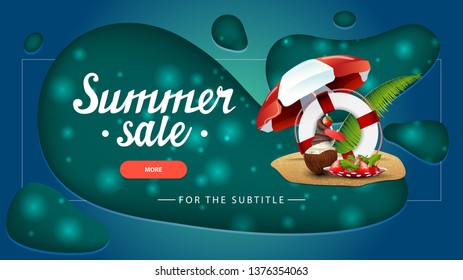Summer sale, green discount banner with modern design for your website with coconut ice cream cocktail, beach umbrella, fruit, palm leaves and lifeline