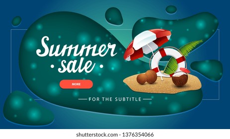 Summer sale, green discount banner with modern design for your website with coconut cocktail, beach umbrella and lifeline