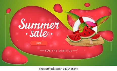 Summer sale, green discount banner with modern design for your website with watermelon slices, palm leaves and lifeline