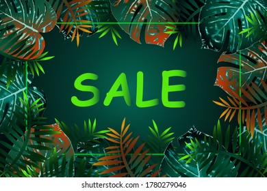 Summer sale green tropical flyer design with palm tree leaves and monstera leaves