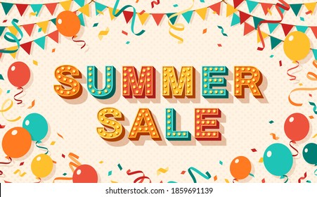 Summer Sale greeting card with retro typography design. Vector illustration. 3d colorful letters with vintage light bulbs. Streamers, confetti, balloons and hanging bunting.