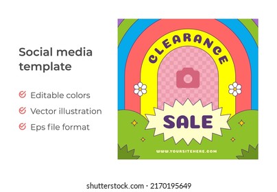 Summer sale groovy pop art social media post template decorated flowers vector illustration. Abstract creative psychedelic hippie vintage holiday internet announce