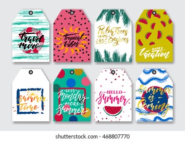 Summer sale grunge tag templates set, handwritten quotes, hand drawn design elements. Vector illustration.