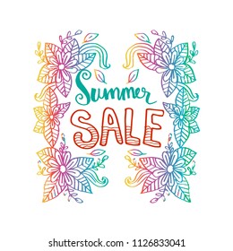 Summer sale - Hand drawn doodle banner with floral. 