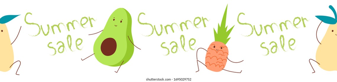 Summer sale hand drawn fruits avocado pineapple pear flat style design seamless border stock vector illustration for wrapping paper, textile, wallpaper,fabric