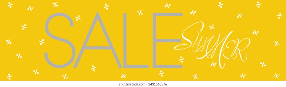 Summer sale - hand drawn lettering on yellow background. Vector illustration for commerce, offer or sale advertising design, online stores, discount shopping, posters, leaflets, flyers, banners, web.