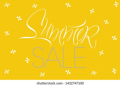 Summer Sale - hand drawn lettering on yellow background. Vector illustration for discount shopping, commerce, offer or sale advertising design, online stores, posters, leaflets, flyers, banners, web.