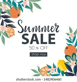Summer Sale hand drawn lettering banner with delicious lemon, orange fruits and tropic leaves and floral vector frame. Hand drawn vector promotion flyer design