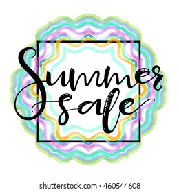  Summer sale, hand drawn lettering, colorful wavy striped in the frame background. Isolated on white background. Can be used as a template framework.
