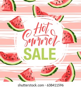 Summer sale - hand drawn lettering phrase isolated on background with watermelon. Advertising template for banner, shop and store poster design and season flyers.